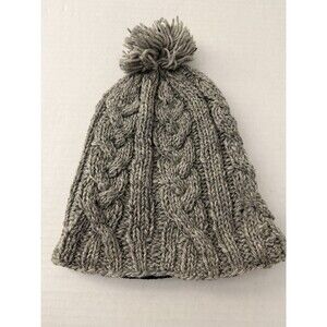 SALE Handmade 100% Wool Hat Gray Cable Knit-Made Nepal Beanie Cap Fleece Lining